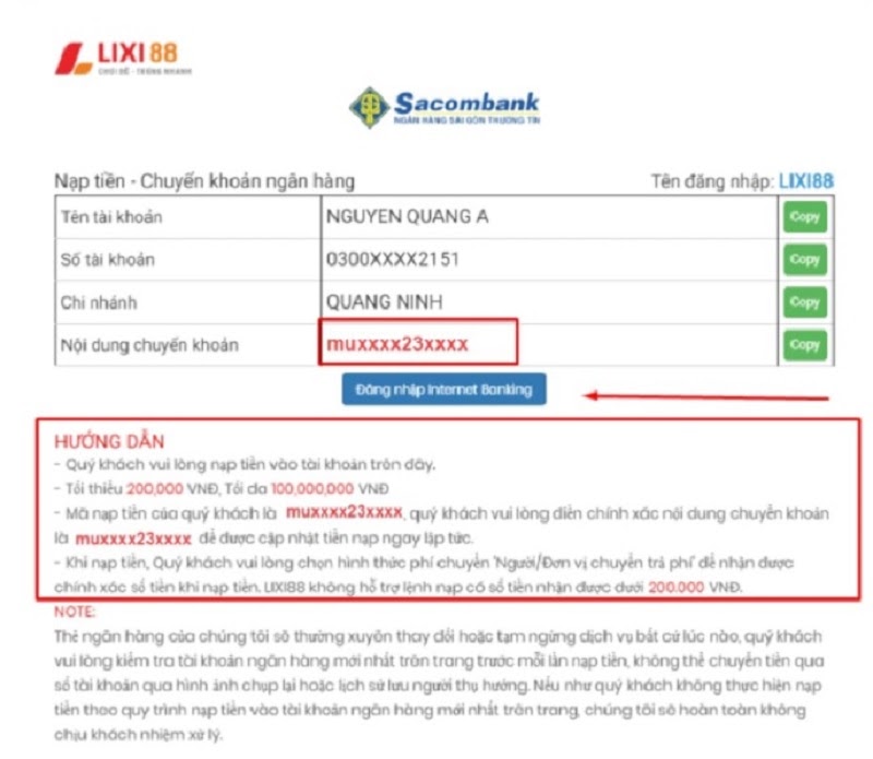 Thông tin chuyển khoản do nhà cái Lixi88 cung cấp 