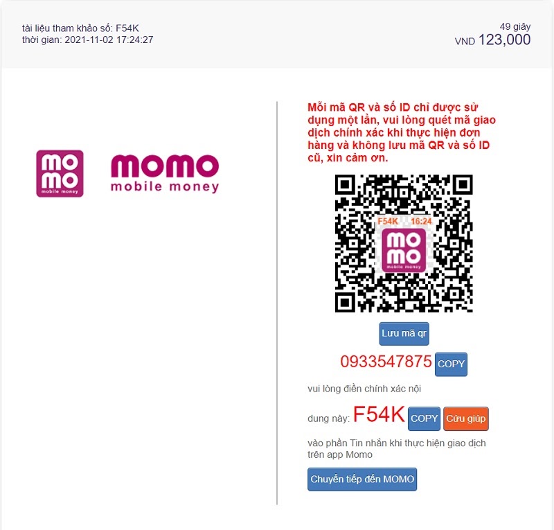 Thông tin nhà cái cung cấp cho phương thức nạp tiền thông qua ví Momo